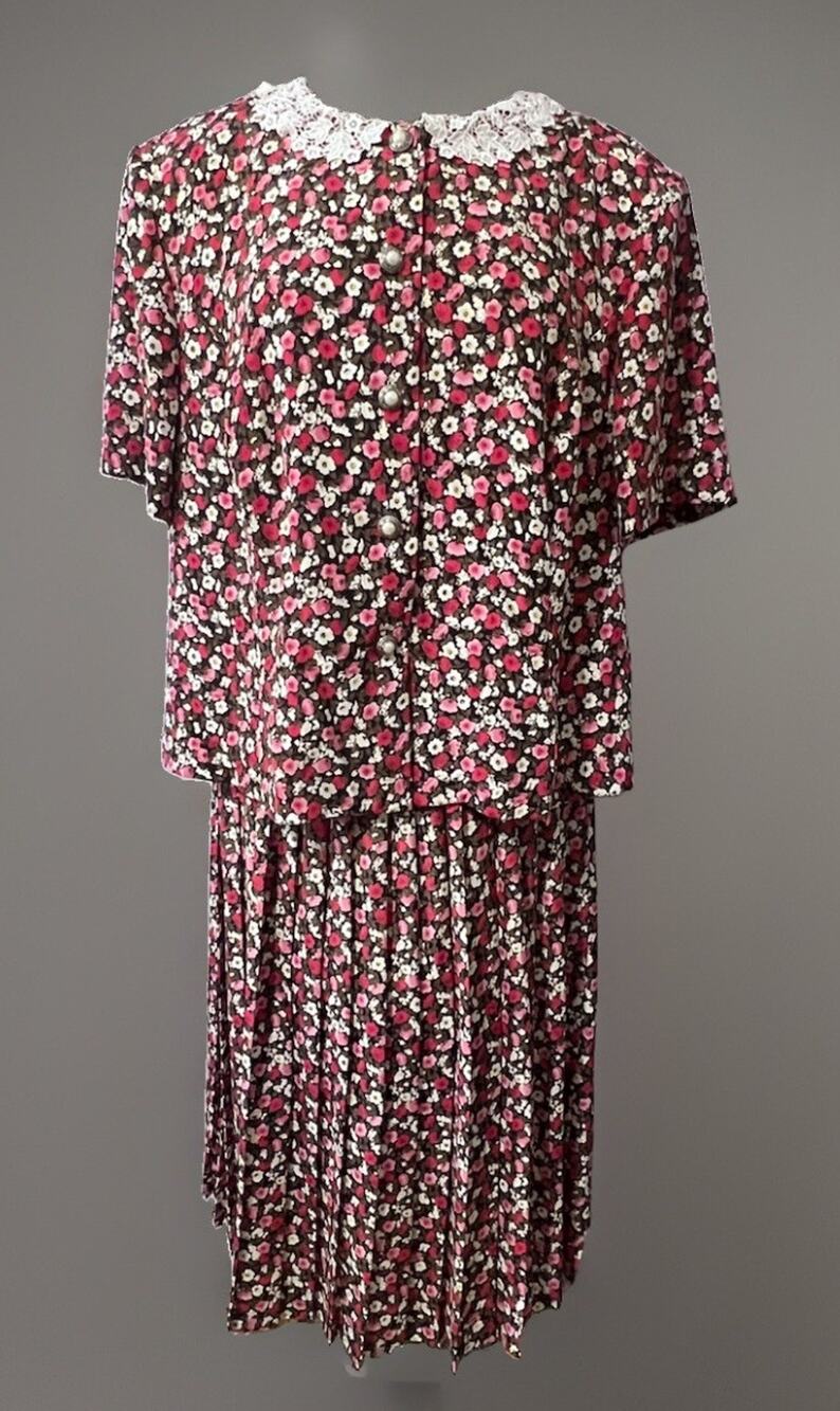 Vtg Leslie Fay 2pc Top Skirt Women 20P Crochet Black Pink Granny Bloomcore